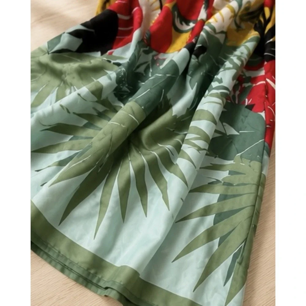 Beatrice B Silk Tropical Wide Leg Pants Women's M Yellow Floral Fringe Italy